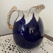 Vintage Wheeling Pottery LaBelle Cobalt Blue & Cream Trimmed In Gold Pitcher picture