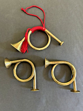 Vintage Brass French Horn Christmas Tree Ornaments Holiday Red Tassel 1970s picture