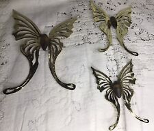 Home Interior Brass Metal Wall Mount Butterflies Wood Center Set Of 3 Vintage picture