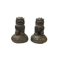Pair Rustic Chinese Iron Foo Dog Lion on Round Base FengShui Figures ws3543 picture