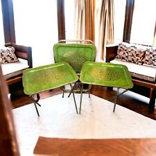 Vintage Avocado Green & Gold Mid-Century Modern Metal TV Trays Complete Set/4 picture