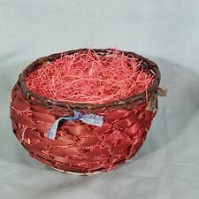 Antique Victorian Easter Basket Handmade Woven Silk Ribbon Wire Round Pink Grass picture