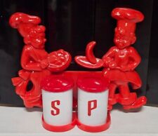 Vintage 50'S Chef Salt and Pepper Shakers Plastic Tremax Wall Rack or Freestand picture