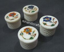 Set of 4 Piece Marble Pended Box Multicolor Gemstone Inlay Work Jewelry Box 2.5