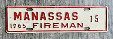 1965 Massassas Virginia Fireman License Plate Town Tag Topper Firefighter picture