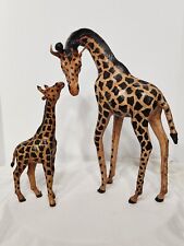 2 Pc Vintage Leather Hand Wrapped Giraffe African Safari Collectible Mom & Baby picture