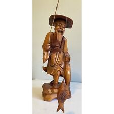 Vintage Hand Carved Old Fisherman With Removable Hat, Fishing Pole And Fish 12