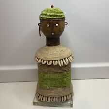 Namji Wooden Green Beaded African Doll 8.5” Tall Missing One Earrings picture
