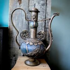 Asian Teapot Vintage Gemstone Pewter Dragon Spout Butterfly Signed 7