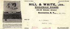1921 ROCHESTER NY HILL & WAITE WHOLESALE CIGARS SPRING ST BILLHEAD INVOICE Z1753 picture