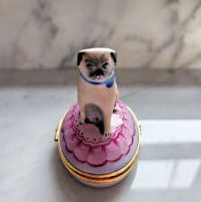 Authentic Artoria Hand Painted Porcelain Limoges Trinket Box-Pug Dog Pink NEW picture