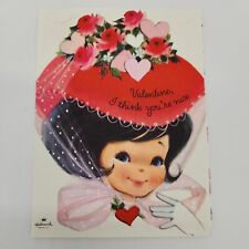 Vintage Hallmark 1960s Girls Valentines Day Card Brunette In Red Hat w Roses NOS picture