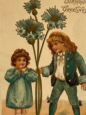 Atq 1908 Ephemera Postcard Birthday Wishes Edwardian Era Boy Girl Blue Posies picture