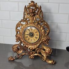 Antique Ornate Cherub Gold Tone Cast Iron Foot Victorian Shelf Mantle Clock Work picture