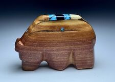 Native Zuni Cedar Wood Multi Stone Inlay Bear Fetish Signed By Brandon Phillips picture