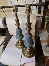 MATCHING PAIR Stiffel Brass Mid-century Table Lamps Blue Enamel 30