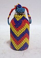 African Hand Beaded Glass Bottle w/cork Vintage 1950's Red-Blue-Yellow 3.5