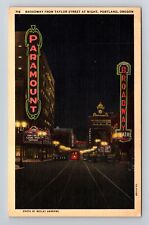 Portland OR-Oregon, Paramount & Broadway Theater Vintage Night Linen Postcard picture