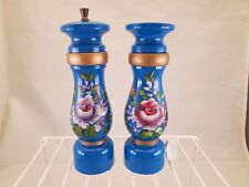 Denmark Wood Hand Painted Bright Blue Floral Saltshaker and Pepper Mill AH RARE picture
