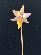 Lovely Art Nouveau14k Enamel Flower Stick Pin with one round diamond centered picture