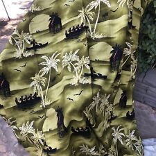 Polynesian South Seas Vintage Barkcloth Fabric Panel Outrigger Palm Trees  picture