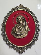Vintage Brass Icon Madonna Child Red Velvet Ornate Victorian Oval Frame Catholic picture