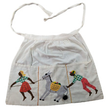 Vintage White Apron 3 Pockets Mexican Figures Kitchen Donkey Embroidered 20 x 16 picture