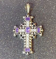 Purple Cross Pendant Art Deco Clear Crystals Stones Black Metal Stunning Vintage picture