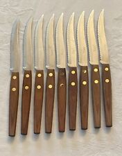 Vintage Robinson Stainless Blade Wood Handle Steak Knives Brass Rivet Set Of 9 picture