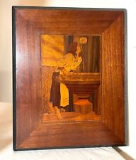 antique inlaid marquetry girl at the fountain scene wood wall sculpture art picture