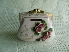 Pin Money Vintage Piggy Bank J-313, Pink And Gold With Roses picture