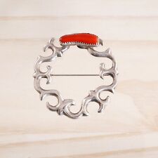 OLD PAWN STERLING SAND CAST HIGH GRADE MEDITERRANEAN CORAL CIRCLE PIN / BROOCH picture