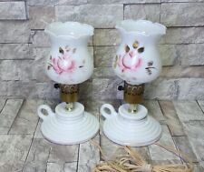 🌹Vintage Milk Glass Table Lamp Set (2) w/ Painted Roses & Gold Painted Leaves🌹 picture