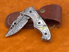 STUNNING SOLID FULL DAMASCUS STEEL ENGRAVED FOLDING KNIFE WITH BRASS FILE WORK  picture