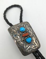 VINTAGE NATIVE AMERICAN MADE STERLING SILVER TURQUOISE & CORAL BOLO TIE Sign R/P picture