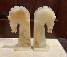 HUGE VTG Knight Trojan Horse Head Carved Onyx Marble Stone Bookend Set Book End picture