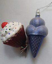 2 VTG Food Desert Glass Xmass ornaments Ice Cream Cone and Muffin on a clip picture