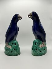 Pair of Authentic 19th Century Chinese Parrots with Cobalt Blue Glaze Figurines picture