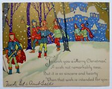 Lovely Art Deco Christmas Card-JESTERS IN THE SNOW-BLUE CASTLE-Gilt picture