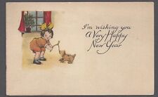 I'm Wishing you A Very Happy New Year Postcard Girl & Puppy pulling Wish Bone picture