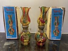 (2) Vintage Multi-Colored Pressed Thumbprint Glass Oil Lamps 8” Psychedelic NOS picture