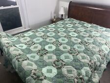 Vintage Green Octagon Quilt Handmade King Size 96”x96” picture