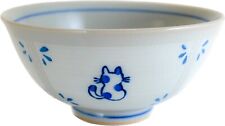 Seto ware Japanese Pottery Rice Bowl Chawan Madori Cat Blue Hand Painted Japan picture
