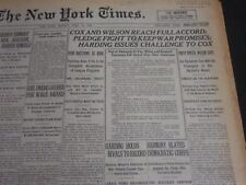 1920 JULY 9 NEW YORK TIMES - COX AND WILSON REACH FULL ACCORD - NT 6752 picture