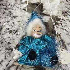 VTG Porcelain Blue Faced Clown on a Wooden Hanging Swing Collectible Home Decor picture