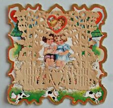 Antique Whitney Made Paper Lace Embellished Valentine Kids Eating Ice Cream 9946 picture