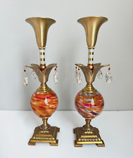 Mollie Woods Candlestick Set Taper Candle Holder Blown Glass Brass Red Orange picture