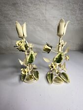 Italian Tole Ware Metal Candle Holders 9” Vintage Cottagecore Floral Cream Green picture