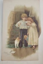 Antique Chromolithograph Victorian Scrap Girl w Kitten Pulling Toy Wagon 1800s picture