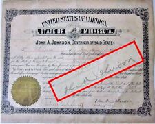 1909 John A. Johnson Minnesota Governor Hand Signed Certificate Seal SUPER RARE  picture